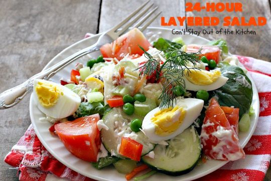 24-Hour Layered Salad | Can't Stay Out of the Kitchen | Wow, I absolutely love this stuff! This #salad has so many layers & tastes absolutely awesome. We love to serve it for potlucks, backyard #BBQs and summer #holidays like #FathersDay, #FourthofJuly & #LaborDay. #bacon #romano #glutenfree