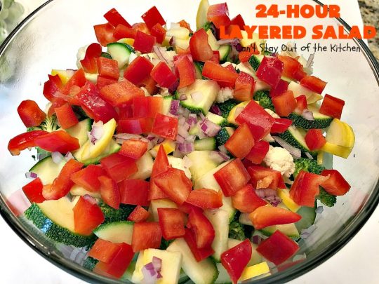 24-Hour Layered Salad | Can't Stay Out of the Kitchen | Wow, I absolutely love this stuff! This #salad has so many layers & tastes absolutely awesome. We love to serve it for potlucks, backyard #BBQs and summer #holidays like #FathersDay, #FourthofJuly & #LaborDay. #bacon #romano #glutenfree