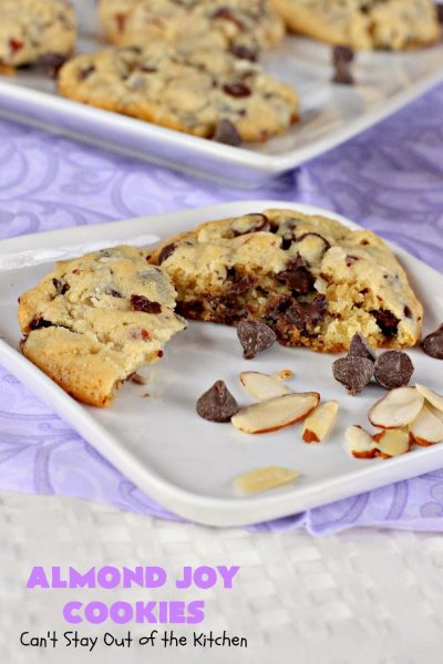 Almond Joy Cookies | Can't Stay Out of the Kitchen | these sensational #cookies are terrific for #holiday #baking and #ChristmasCookieExchanges. They're loaded with #chocolate chips, #coconut & #almonds, just like #AlmondJoy bars. #dessert #chocolatedessert #AlmondJoyDessert #ChristmasCookieBaking #coconutdessert #almonddessert