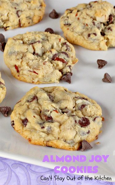 Almond Joy Cookies | Can't Stay Out of the Kitchen | these sensational #cookies are terrific for #holiday #baking and #ChristmasCookieExchanges. They're loaded with #chocolate chips, #coconut & #almonds, just like #AlmondJoy bars. #dessert #chocolatedessert #AlmondJoyDessert #ChristmasCookieBaking #coconutdessert #almonddessert