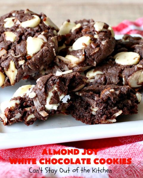 Almond Joy White Chocolate Cookies | Can't Stay Out of the Kitchen | these rich, decadent #cookies are stuffed with the #AlmondJoy flavors of #chocolate, #coconut #almonds & add #WhiteChocolate. They are absolutely outstanding. Terrific for any summer or #holiday party, #tailgating, potluck or backyard BBQ. #dessert #ChocolateDessert #AlmondJoyDessert #AlmondJoyWhiteChocolateCookies
