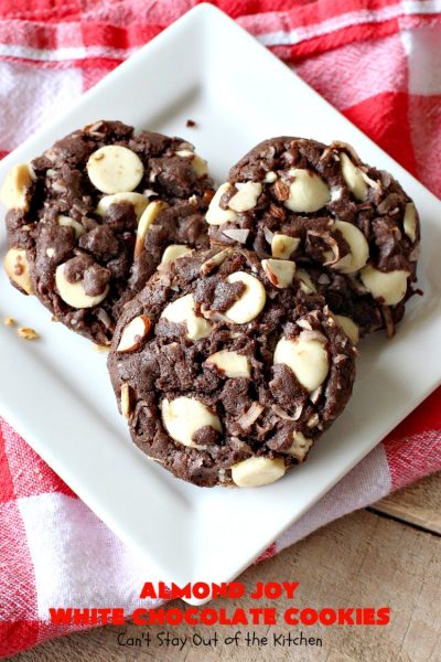 Almond Joy White Chocolate Cookies | Can't Stay Out of the Kitchen | these rich, decadent #cookies are stuffed with the #AlmondJoy flavors of #chocolate, #coconut #almonds & add #WhiteChocolate. They are absolutely outstanding. Terrific for any summer or #holiday party, #tailgating, potluck or backyard BBQ. #dessert #ChocolateDessert #AlmondJoyDessert #AlmondJoyWhiteChocolateCookies