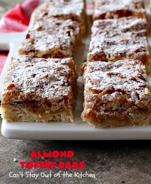 Almond Toffee Bars | Can't Stay Out of the Kitchen | each delicious bar-type #cookie is filled with #toffee, #coconut & #almonds. They're irresistible & so delicious. #dessert #AlmondDessert #ToffeeDessert #HolidayDessert #ValentinesDayDessert #SuperBowlDessert #Tailgating