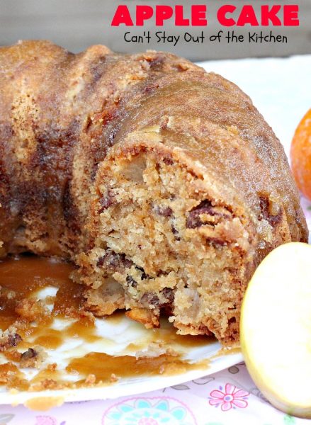 Apple Cake | Can't Stay Out of the Kitchen | This fantastic #apple #cake is filled with apples & #pecans & glazed with a homemade #caramel icing. It's absolutely divine! We serve it for #breakfast as a #coffeecake or for #dessert. #applecake #appledessert