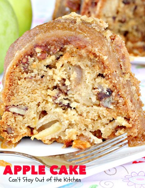Apple Cake | Can't Stay Out of the Kitchen | This fantastic #apple #cake is filled with apples & #pecans & glazed with a homemade #caramel icing. It's absolutely divine! We serve it for #breakfast as a #coffeecake or for #dessert. #applecake #appledessert