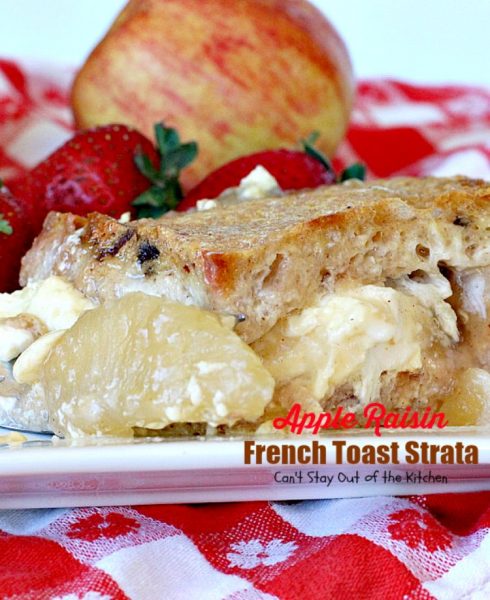 Apple Raisin French Toast Strata | Can't Stay Out of the Kitchen | This amazing #breakfast #casserole is divine! It uses #creamcheese #applepiefilling & #glutenfree cinnamon raisin #bread. Great for #holiday breakfasts.
