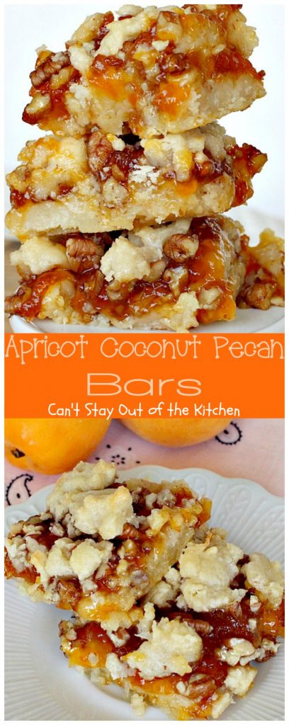 Apricot Coconut Pecan Bars | Can't Stay Out of the Kitchen | exquisite and heavenly #dessert with a #coconut shorbread crust, #apricotpreserves, #pecans & streusel topping. #cookie #apricots