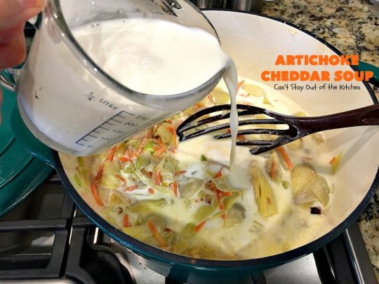 Artichoke Cheddar Soup | Can't Stay Out of the Kitchen | this #soup is comfort food at it's best & only takes 25 minutes to make! It's perfect for week nights now that weather is turning cooler. #artichokes #cheddarcheese #glutenfree