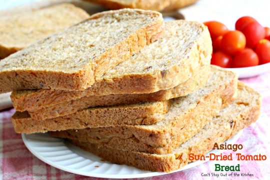 Asiago Sun-Dried Tomato Bread | Can't Stay Out of the Kitchen | delicious #bread that's so easy to make because it's made in the #breadmaker! #sun-driedtomatoes #asiagocheese