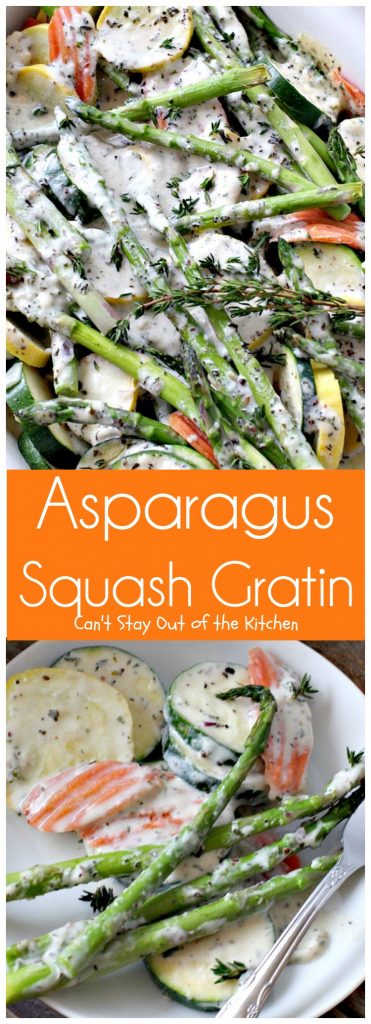 Asparagus Squash Gratin | Can't Stay Out of the Kitchen | amazing side dish with #asparagus #zucchini #carrots & #yellowsquash. This one has a wonderfully flavored cheese sauce. Great for the #holidays. #glutenfree