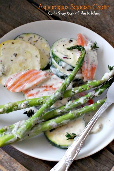 Asparagus Squash Gratin | Can't Stay Out of the Kitchen | amazing side dish with #asparagus #zucchini #carrots & #yellowsquash. This one has a wonderfully flavored cheese sauce. Great for the #holidays. #glutenfree