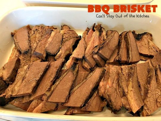 BBQ Brisket | Can't Stay Out of the Kitchen | best #BBQBrisket ever! This 5-ingredient recipe is perfect for summer #holiday fun like #MemorialDay, #FathersDay, #FourthofJuly or #LaborDay. Step-by-step pictures on how to cut the #brisket after it's cooked. #Beef #BBQ