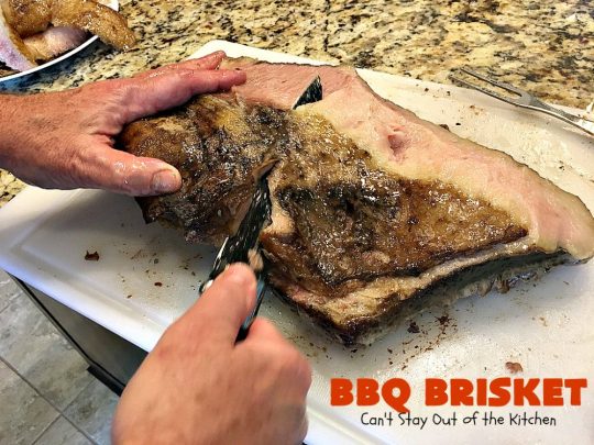 BBQ Brisket | Can't Stay Out of the Kitchen | best #BBQBrisket ever! This 5-ingredient recipe is perfect for summer #holiday fun like #MemorialDay, #FathersDay, #FourthofJuly or #LaborDay. Step-by-step pictures on how to cut the #brisket after it's cooked. #Beef #BBQ