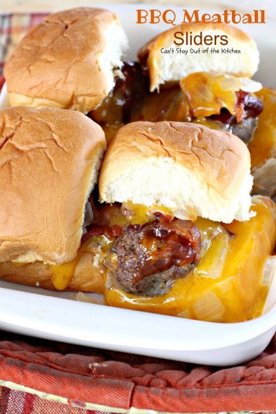 BBQ Meatball Sliders | Can't Stay Out of the Kitchen | these outrageous #sliders are filled with cheesy #meatballs, dipped in #BBQsauce, smothered in #bacon and onions, topped with #cheese on #King'sHawaiianSweetRolls! AMAZING!