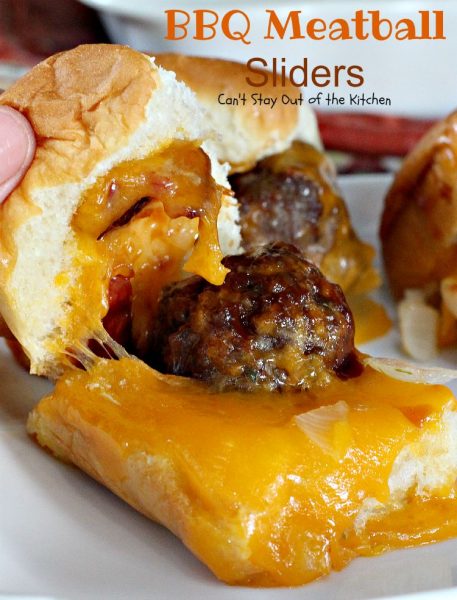 BBQ Meatball Sliders | Can't Stay Out of the Kitchen | these outrageous #sliders are filled with cheesy #meatballs, dipped in #BBQsauce, smothered in #bacon and onions, topped with #cheese on #King'sHawaiianSweetRolls! AMAZING!
