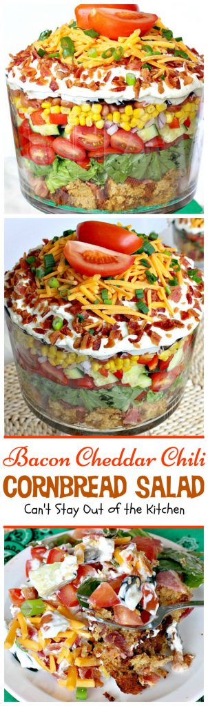Bacon Cheddar Chili Cornbread Salad | Can't Stay Out of the Kitchen | this awesome #salad is to die for! It has a savory homemade #bacon #cornbread & uses homemade #RanchDressing mix. This fabulous Texas-style salad is great for potlucks and backyard barbecues. #glutenfree