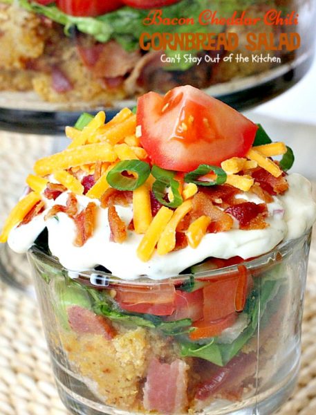 Bacon Cheddar Chili Cornbread Salad | Can't Stay Out of the Kitchen | this awesome #salad is to die for! It has a savory homemade #bacon #cornbread & uses homemade #RanchDressing mix. This fabulous Texas-style salad is great for potlucks and backyard barbecues. #glutenfree