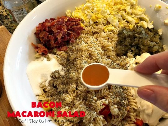 Bacon Macaroni Salad | Can't Stay Out of the Kitchen | this fabulous #macaronisalad is spectacular! It's filled with #bacon, bell peppers, hard-boiled #eggs in a delicious #salad dressing. I used #glutenfree #pasta. Perfect side salad for potlucks & summer #holiday fun like #MemorialDay, #FourthofJuly & #LaborDay.
