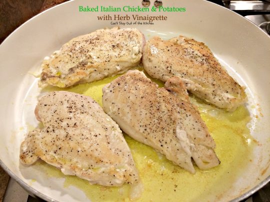 Baked Italian Chicken and Potatoes with Herb Vinaigrette | Can't Stay Out of the Kitchen | fantastic #chicken entree with #Italian flavors. #glutenfree #cleaneating #potatoes #tomatoes