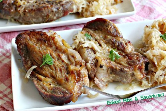 Baked Ribs & Sauerkraut | Can't Stay Out of the Kitchen | wonderful old-world recipe. The #sauerkraut is mixed with #apples, onions, brown sugar and caraway seeds for delightful taste. #pork #ribs