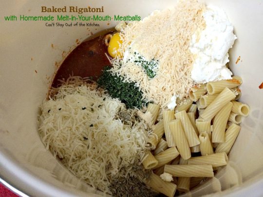 Baked Rigatoni with Homemade Melt-In-Your-Mouth Meatballs | Can't Stay Out of the Kitchen | homemade #meatballs cook in #spaghettisauce then are layered with a #rigatoni & #ricottacheese mixture with both #parmesan and #mozzarella cheeses on top. So delectable you won't be able to stop eating! #pasta