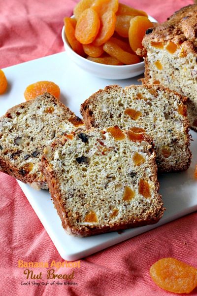 Banana Apricot Nut Bread | Can't Stay Out of the Kitchen | this fabulous sweet #bread is filled with #apricots #bananas #walnuts and #coconut & is absolutely heavenly. Great for #breakfast or to serve alongside your favorite soup. We spread it with cream cheese.