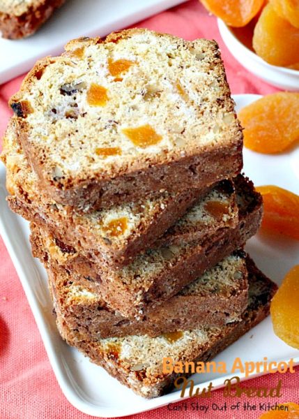 Banana Apricot Nut Bread | Can't Stay Out of the Kitchen | this fabulous sweet #bread is filled with #apricots #bananas #walnuts and #coconut & is absolutely heavenly. Great for #breakfast or to serve alongside your favorite soup. We spread it with cream cheese.