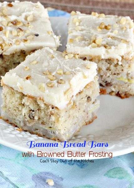Banana Bread Bars with Browned Butter Frosting | Can't Stay Out of the Kitchen | these delicious #brownies are great for summer #holiday fun. The browned butter frosting is amazing. #bananas #dessert #cookie