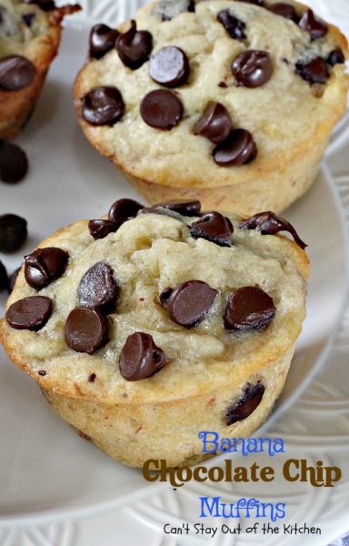 Banana Chocolate Chip Muffins | Can't Stay Out of the Kitchen | One bite of these #muffins will have you drooling! Great for #breakfast or #dessert! #bananas #chocolate #chocolatechips