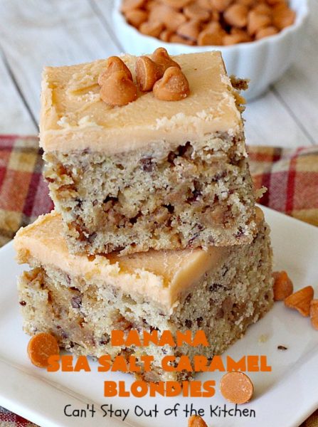 Banana Sea Salt Caramel Blondies | Can't Stay Out of the Kitchen | these amazing #brownies have triple the #caramel flavor with caramel chips in the cookie, icing and caramel sauce drizzled over top! Perfect #dessert for potlucks, #tailgating parties, summer #holiday fun or backyard #BBQs. #cookies #bananas