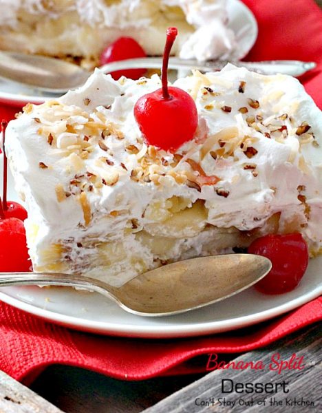Banana Split Dessert | Can't Stay Out of the Kitchen | this fabulous #dessert is perfect for the #holidays. It's like eating #BananaSplits! #bananas #pineapple #cherries