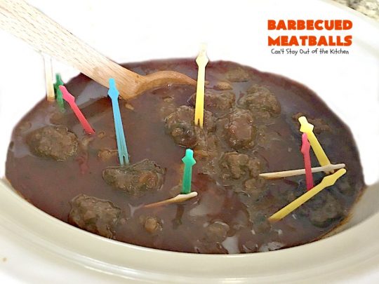 Barbecued Meatballs | Can't Stay Out of the Kitchen | this mouthwatering #slowcooker dish is great as an #appetizer or served over rice for a main dish. Homemade #BBQ sauce is wonderful. The #meatballs are #glutenfree.