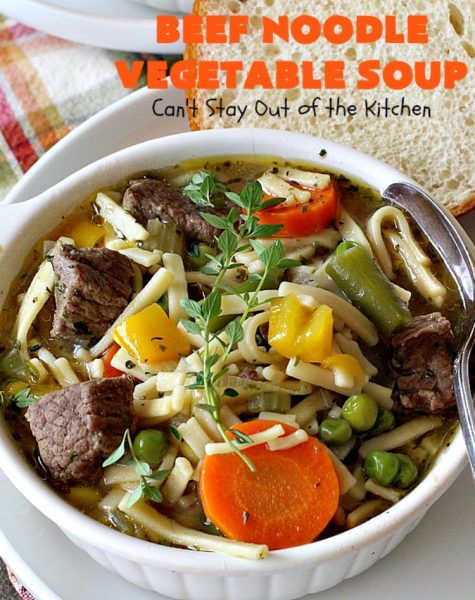 Beef Noodle Vegetable Soup | Can't Stay Out of the Kitchen | this fantastic #soup uses my favorite #Amish #noodles, #stewbeef & lots of #veggies. The seasonings make the taste awesome. It's terrific comfort food for #fall or winter meals. Our company loved this #recipe. #AmishNoodles #carrots #peas #corn #greenbeans #beef #glutenfree