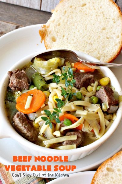 Beef Noodle Vegetable Soup | Can't Stay Out of the Kitchen | this fantastic #soup uses my favorite #Amish #noodles, #stewbeef & lots of #veggies. The seasonings make the taste awesome. It's terrific comfort food for #fall or winter meals. Our company loved this #recipe. #AmishNoodles #carrots #peas #corn #greenbeans #beef #glutenfree