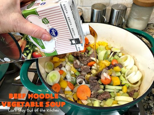 Beef Noodle Vegetable Soup | Can't Stay Out of the Kitchen | this fantastic #soup uses my favorite #Amish #noodles, #stewbeef & lots of #veggies. The seasonings make the taste awesome. It's terrific comfort food for #fall or winter meals. Our company loved this #recipe. #AmishNoodles #carrots #peas #corn #greenbeans #beef #glutenfree 