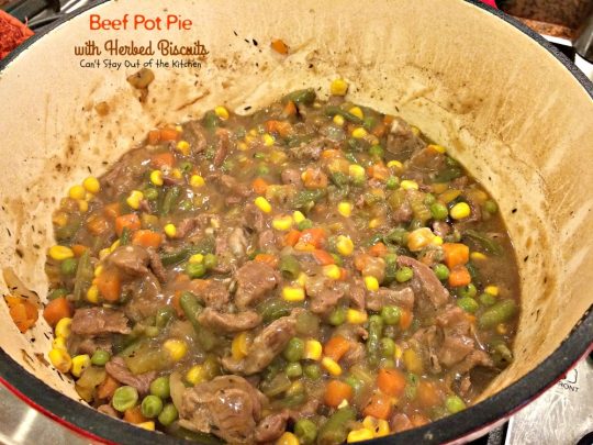 Beef Pot Pie with Herbed Biscuits | Can't Stay Out of the Kitchen | one of the most amazing and delicious #beefpotpie recipes you'll ever eat. These #homemade #biscuits are #glutenfree but you can use regular flour, too. #beef #veggies