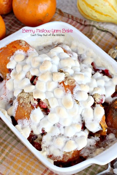 Berry Mallow Yam Bake | Can't Stay Out of the Kitchen | our favorite #holiday #sidedish. This one uses #sweetpotatoes, #cranberries #marshmallows and has a streusel topping. #glutenfree