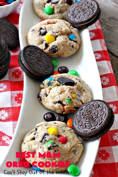 Best M&M Oreo Cookies | Can't Stay Out of the Kitchen | these #cookies will have you drooling after the first bite! #Oreos & #M&Ms taste so superb in this fantastic #chocolate #dessert. Terrific for #holiday baking. #tailgating