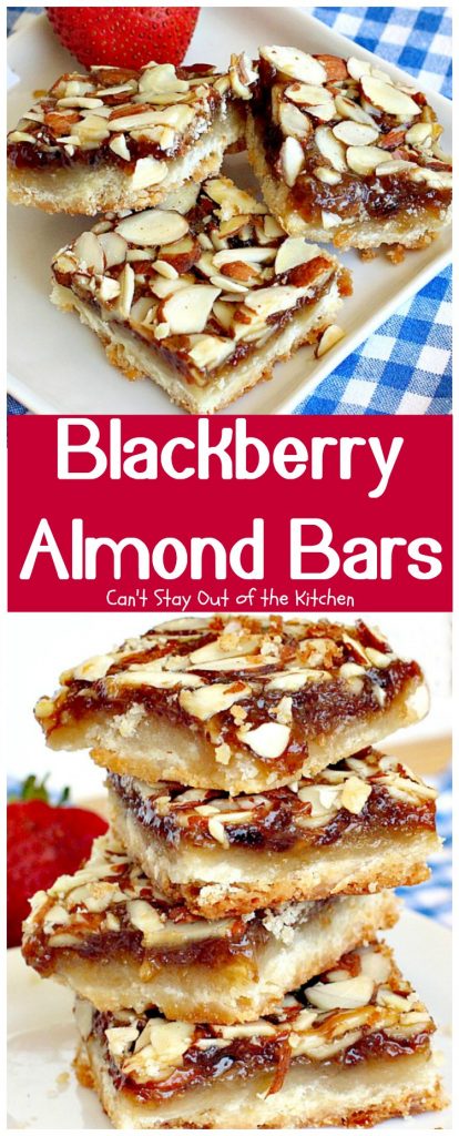 Blackberry Almond Bars | Can't Stay Out of the Kitchen | Your family will rave over these ooey, gooey delicious #dessert bars. The shortbread crust is topped with #blackberry filling and sliced #almonds. Delightful for #holiday baking. #cookie