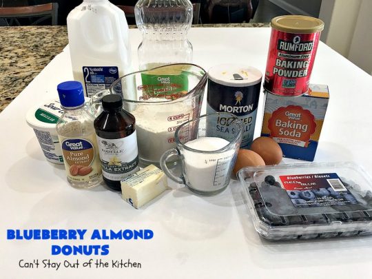 Blueberry Almond Donuts | Can't Stay Out of the Kitchen | these fabulous #blueberry #donuts include #almond extract in both the donut and the icing. They are outrageously delicious! I've made these 3 times & everyone always loves them. #blueberries #BlueberryDonuts #breakfast #Holiday #HolidayBreakfast 