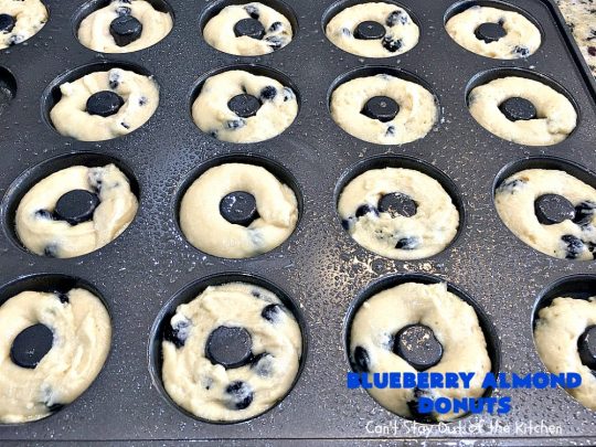 Blueberry Almond Donuts | Can't Stay Out of the Kitchen | these fabulous #blueberry #donuts include #almond extract in both the donut and the icing. They are outrageously delicious! I've made these 3 times & everyone always loves them. #blueberries #BlueberryDonuts #breakfast #Holiday #HolidayBreakfast 