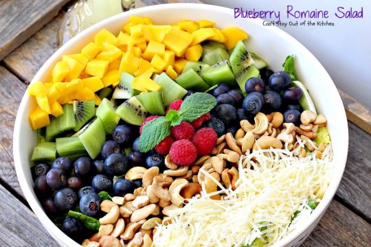 Blueberry Romaine Salad | Can't Stay Out of the Kitchen | fabulous #salad with #blueberries, #kiwi, #mangos, #cashews & a homemade poppyseed dressing. #glutenfree