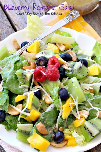 Blueberry Romaine Salad | Can't Stay Out of the Kitchen | fabulous #salad with #blueberries, #kiwi, #mangos, #cashews & a homemade poppyseed dressing. #glutenfree