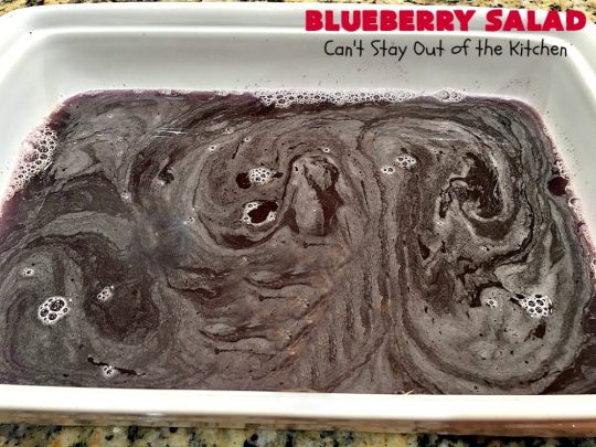 Blueberry Salad | Can't Stay Out of the Kitchen | this scrumptious congealed #salad is made with #grape #JellO, #pineapple, #blueberrypiefilling & has a lovely #creamcheese topping. It's delightful for potlucks, company or #holidays like #Thanksgiving or #Christmas. #JelloSalad #congealedsalad #blueberries #glutenfree