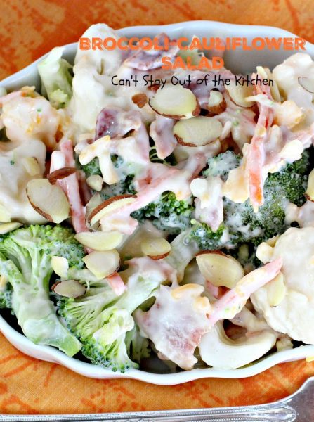 Broccoli-Cauliflower Salad | Can't Stay Out of the Kitchen | We loved this fabulous summer #salad. It's perfect for #MemorialDay or other summer #holidays. #broccoli #cauliflower #glutenfree