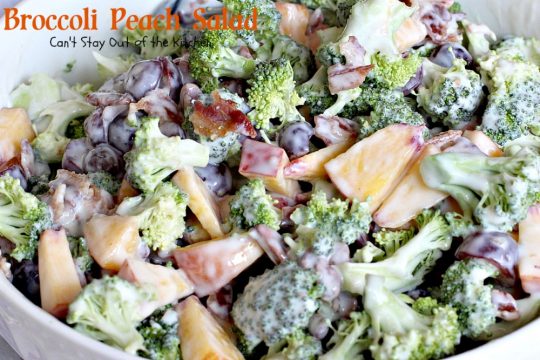 Broccoli Peach Salad | Can't Stay Out of the Kitchen | my FAVORITE #broccolisalad recipe. This one is fantastic and so quick and easy. #glutenfree #peaches #broccoli #bacon