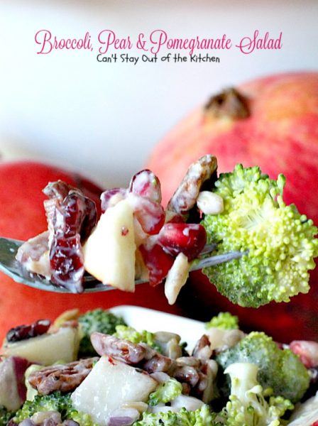 Broccoli, Pear & Pomegranate Salad | Can't Stay Out of the Kitchen | fabulous #salad that's great for the #holidays and a lot healthier than most #Thanksgiving fare. #glutenfree. #broccoli #pears #pomegranate #bacon