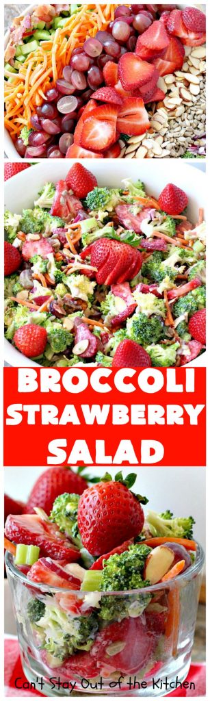 Broccoli Strawberry Salad | Can't Stay Out of the Kitchen | this delicious #broccoli #salad is perfect for #Thanksgiving or #Christmas menus. It's also healthy, #glutenfree & uses uncured, nitrate-free #bacon to give it some punch! #strawberries #grapes 