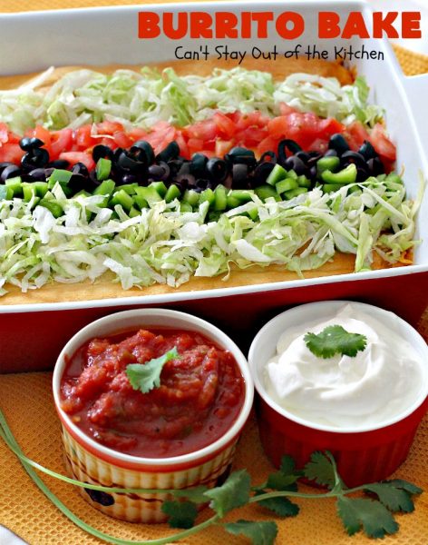 Burrito Bake | Can't Stay Out of the Kitchen | this incredibly easy #TexMex entree is layered with #crescentrolls, a #beef & #refriedbeans mixture, two cheeses & topped with olives, tomatoes & lettuce. It's served with #salsa & #guacamole for a fabulous one-dish meal that's perfect for weeknight suppers or company dinners.