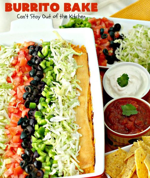 Burrito Bake | Can't Stay Out of the Kitchen | this incredibly easy #TexMex entree is layered with #crescentrolls, a #beef & #refriedbeans mixture, two cheeses & topped with olives, tomatoes & lettuce. It's served with #salsa & #guacamole for a fabulous one-dish meal that's perfect for weeknight suppers or company dinners.